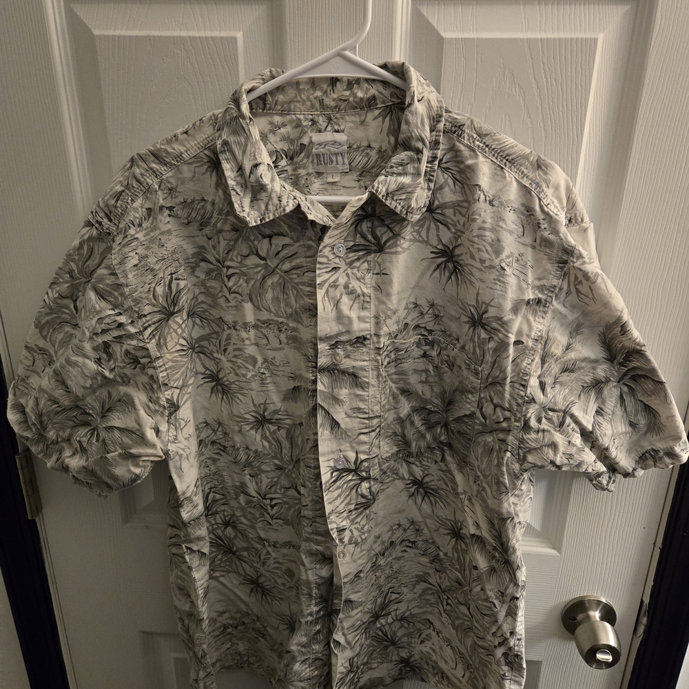 Vintage Rusty Hawiian Print Button Down Shirt Black and White